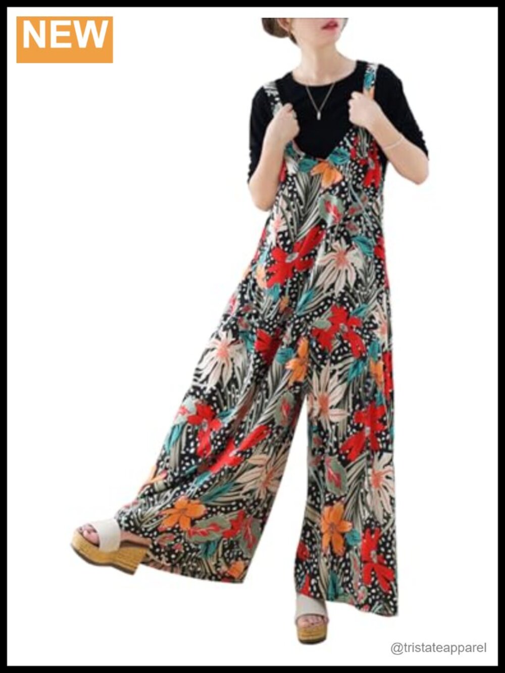 Wide Leg Jumpsuit Sleeveless V Neck Floral Print Adjustable Straps Pockets